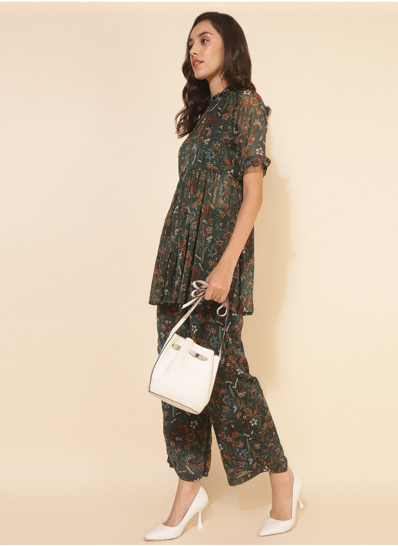 Green Chiffon Floral Printed Kurti With Pant Set