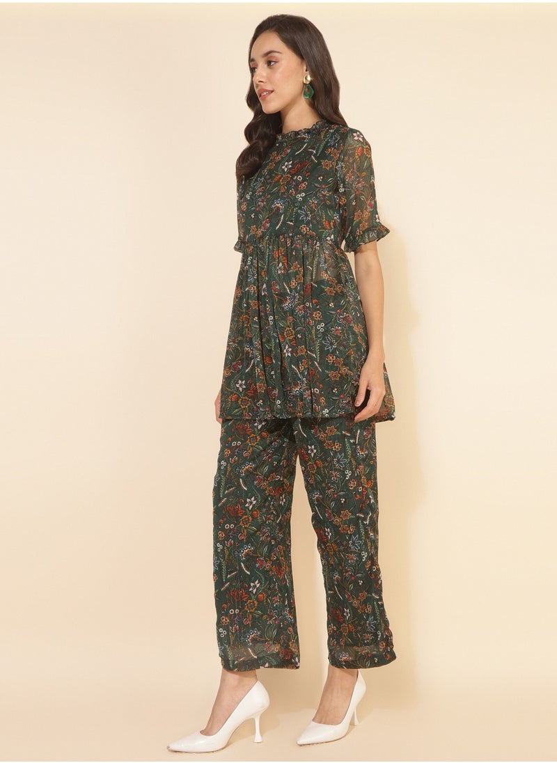 Green Chiffon Floral Printed Kurti With Pant Set