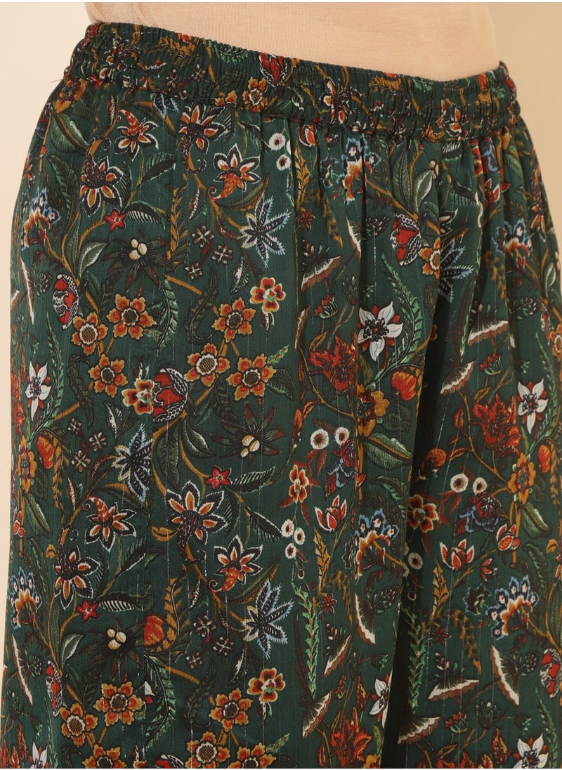 Green Chiffon Floral Printed Kurti With Pant Set