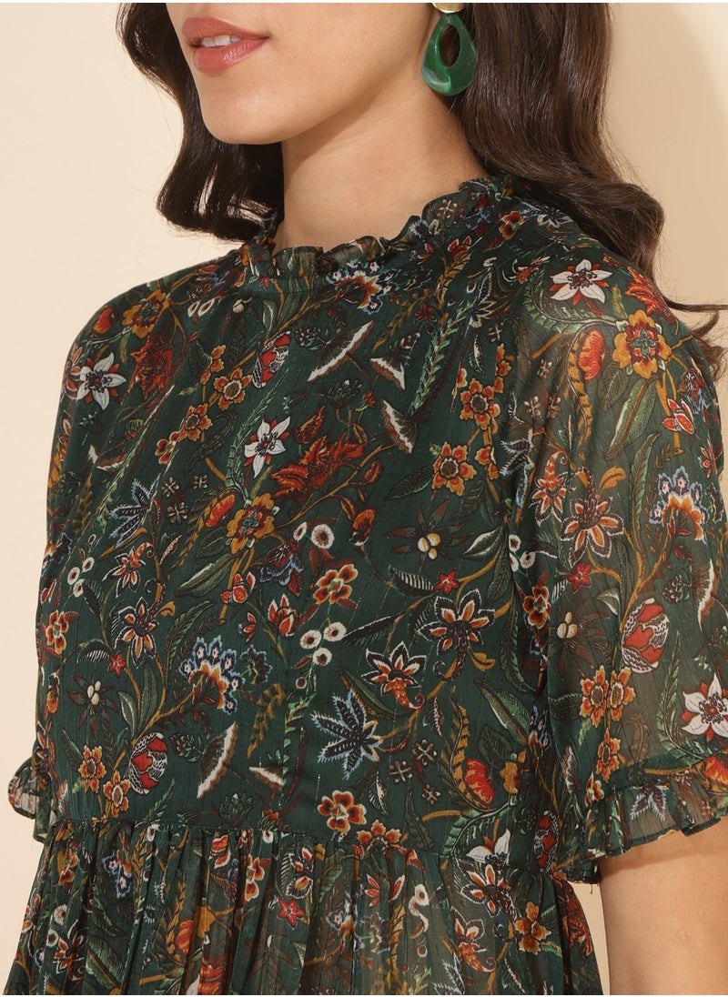 Green Chiffon Floral Printed Kurti With Pant Set