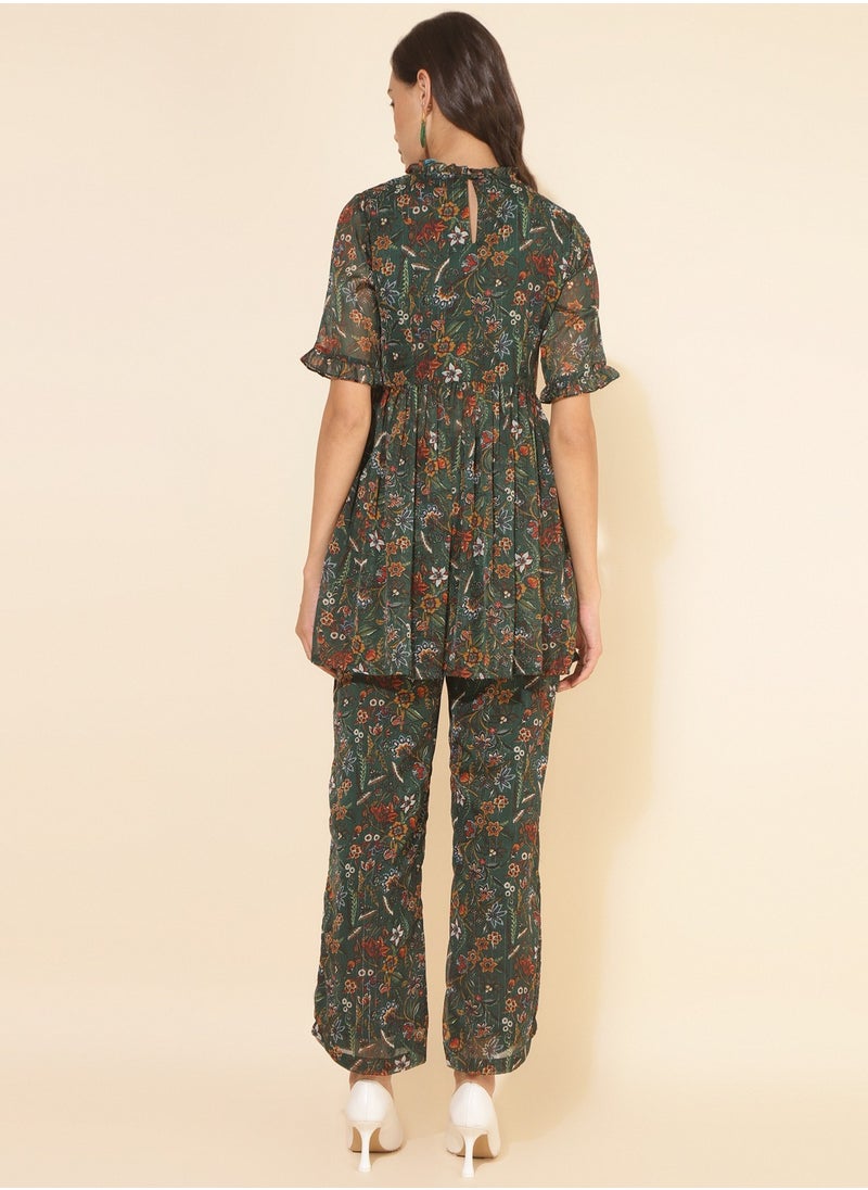 Green Chiffon Floral Printed Kurti With Pant Set