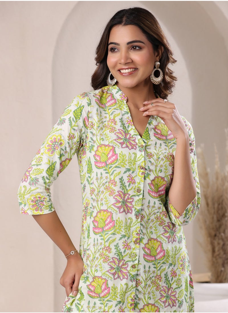 Green Cotton Floral Printed Kurta With Pant