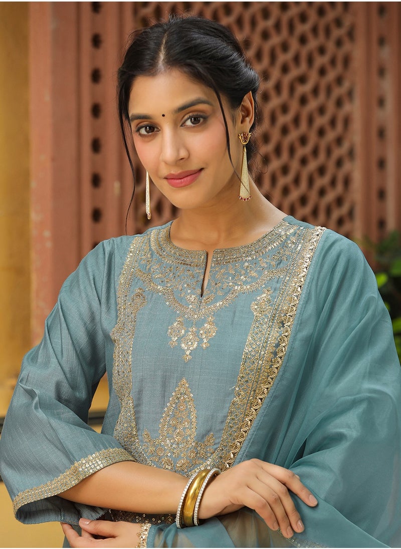 Blue Chinnon Embroidred Kurta 3Pc Set