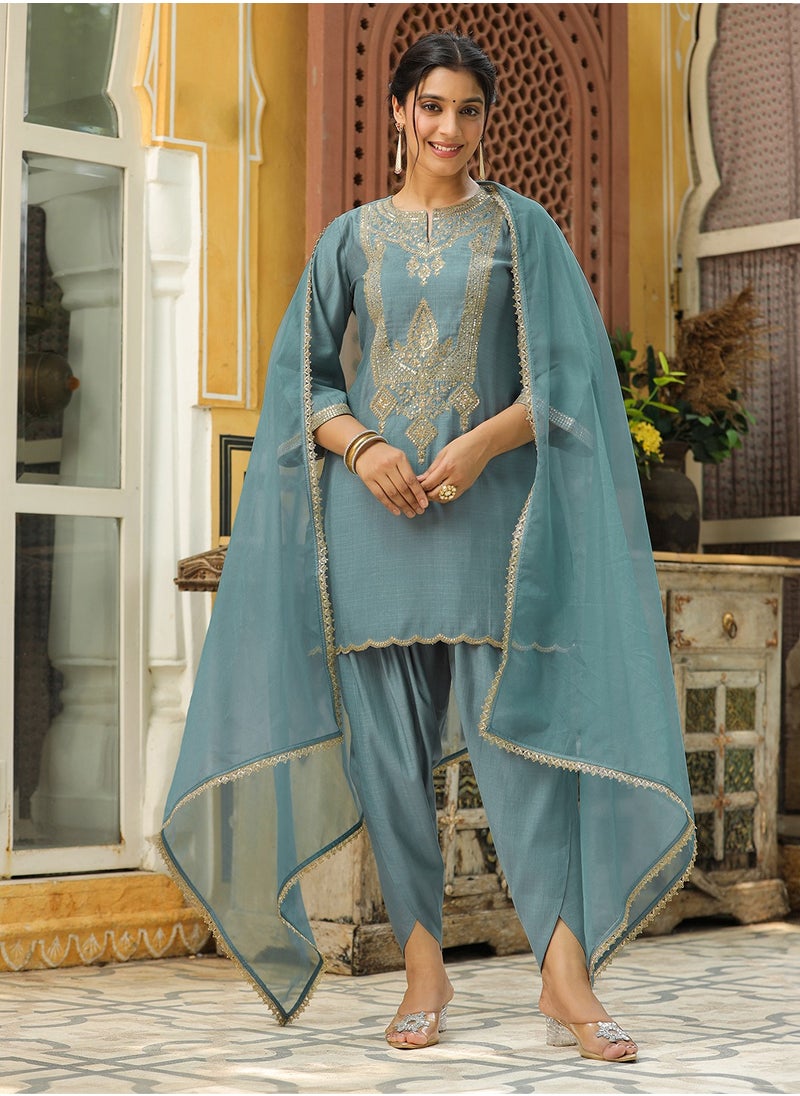 Blue Chinnon Embroidred Kurta 3Pc Set