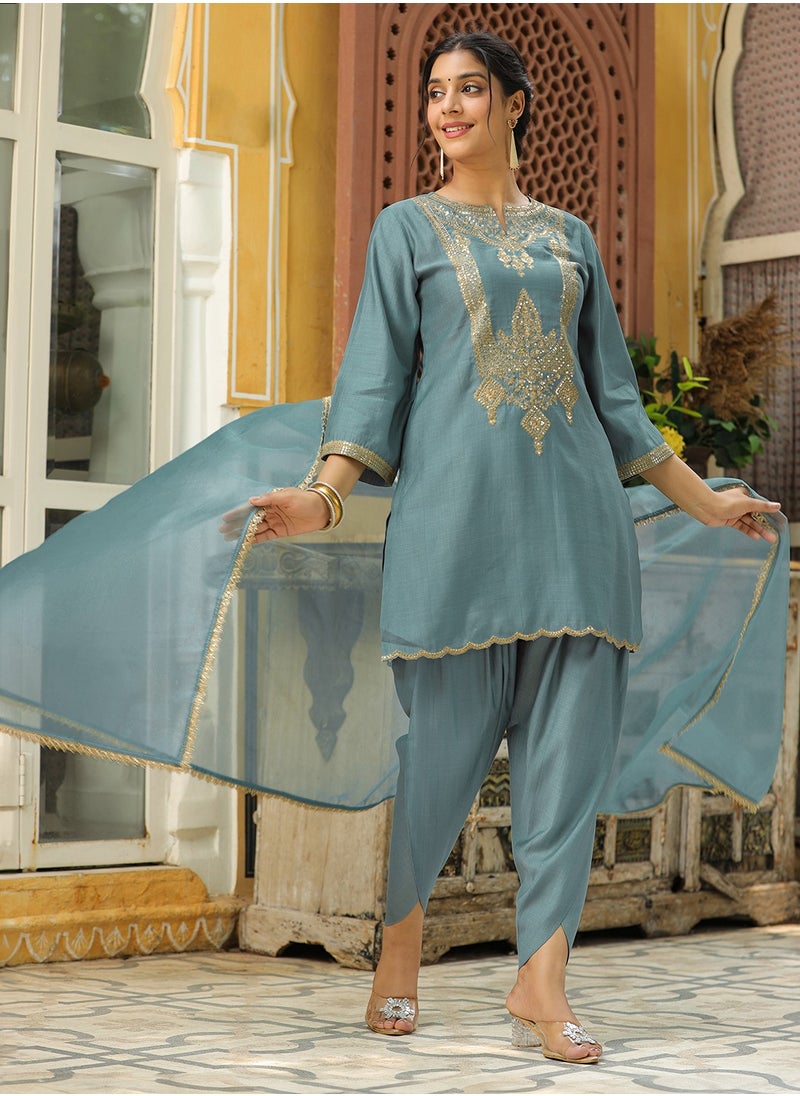 Blue Chinnon Embroidred Kurta 3Pc Set