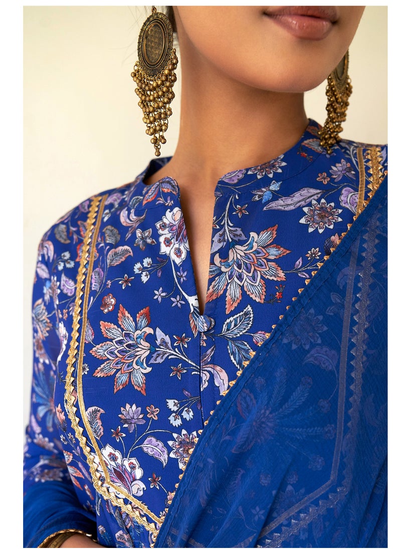 Teal Blue Georgatte Printed Flaired Kurti 3Pc Set