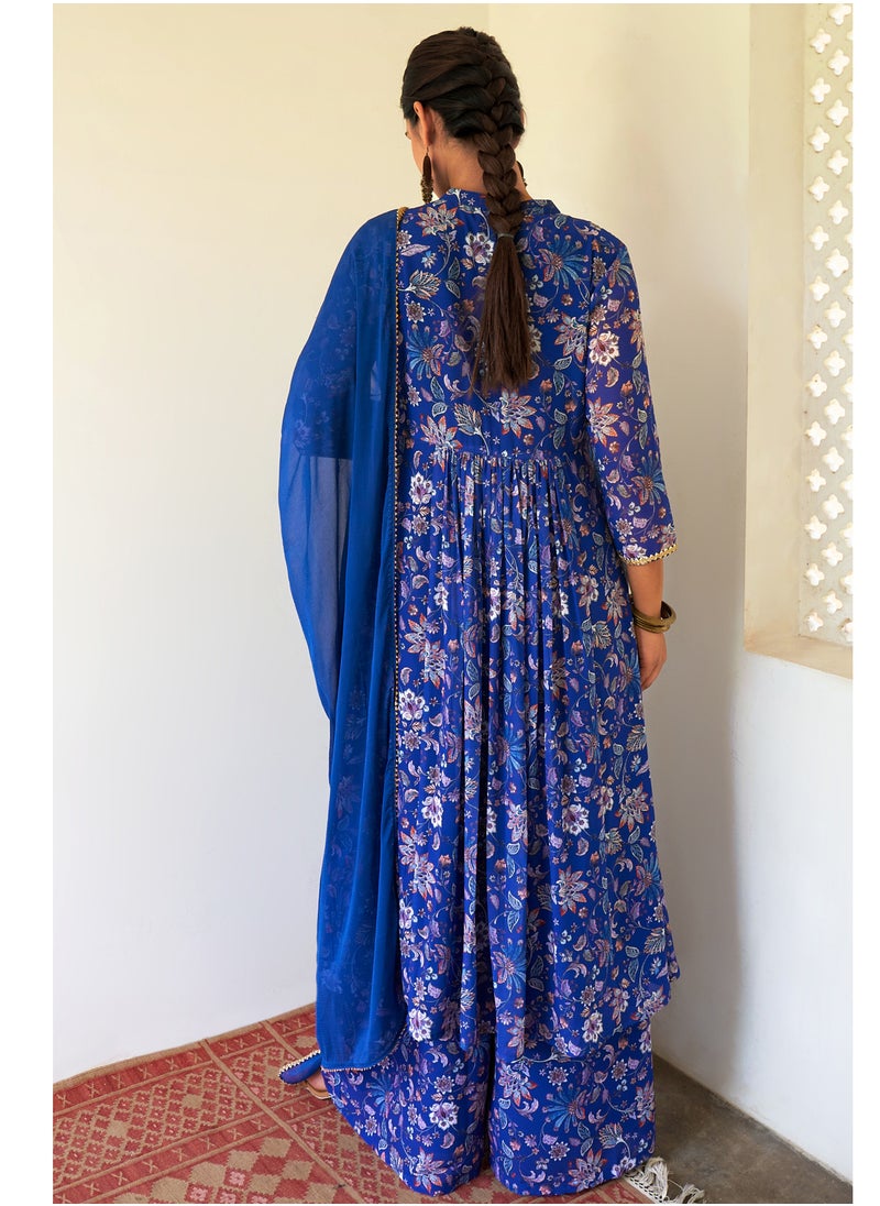 Teal Blue Georgatte Printed Flaired Kurti 3Pc Set