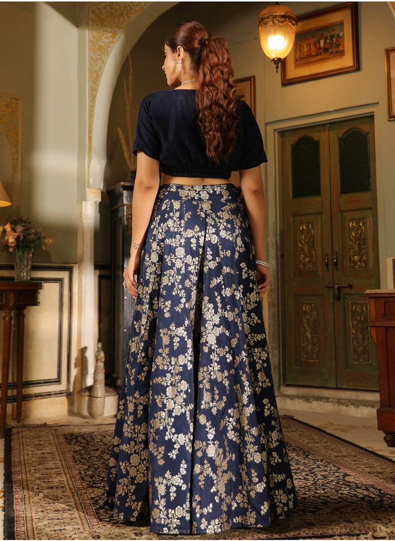 Blue Vichitra Silk Solid Top And Skirt Set