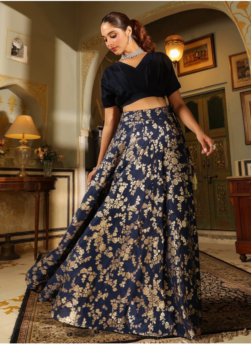 Blue Vichitra Silk Solid Top And Skirt Set