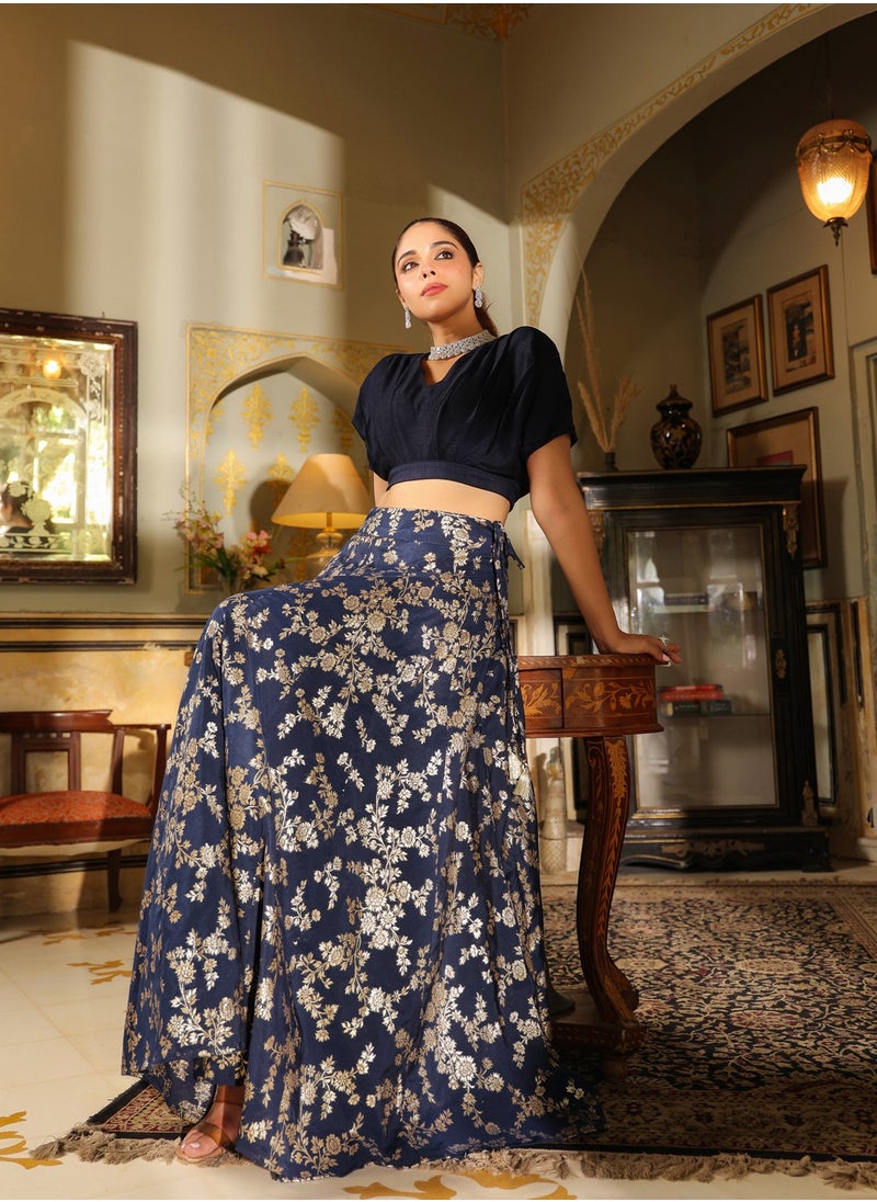 Blue Vichitra Silk Solid Top And Skirt Set