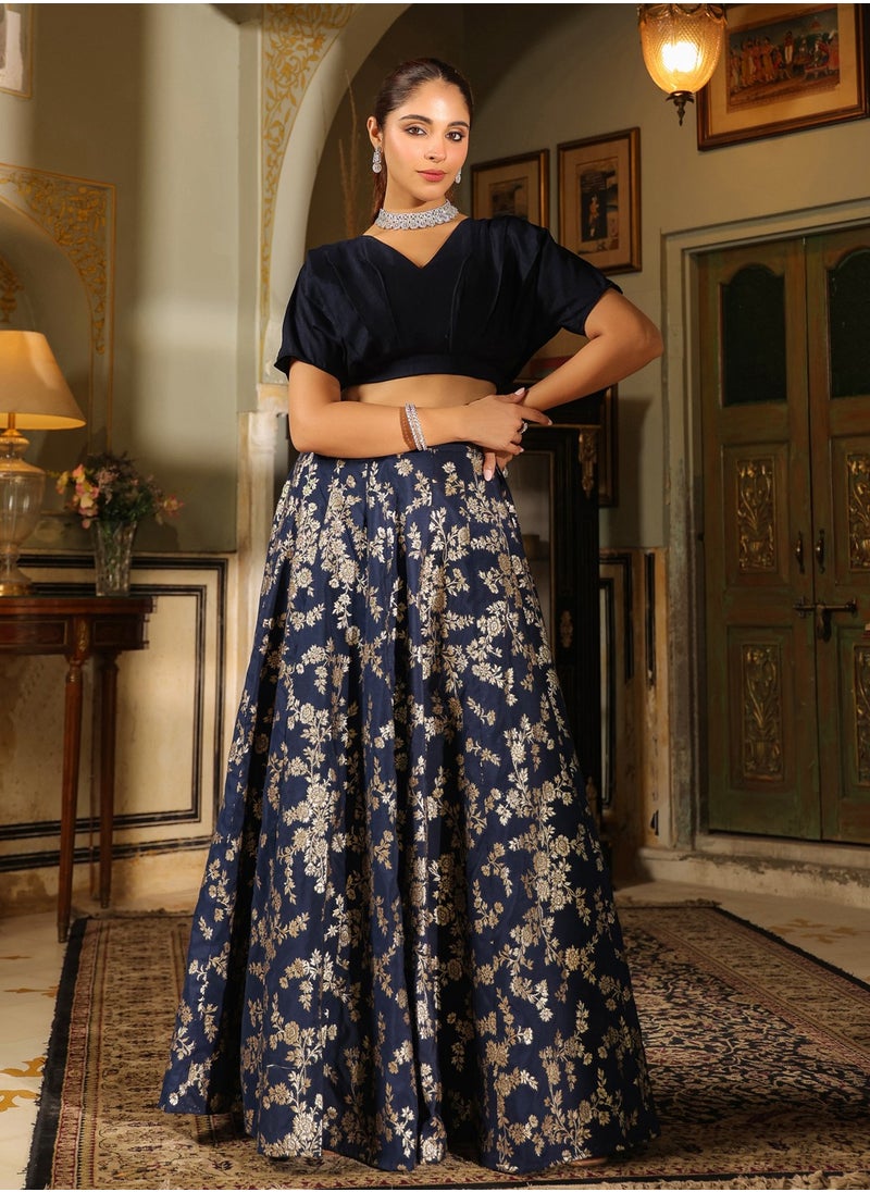 Blue Vichitra Silk Solid Top And Skirt Set