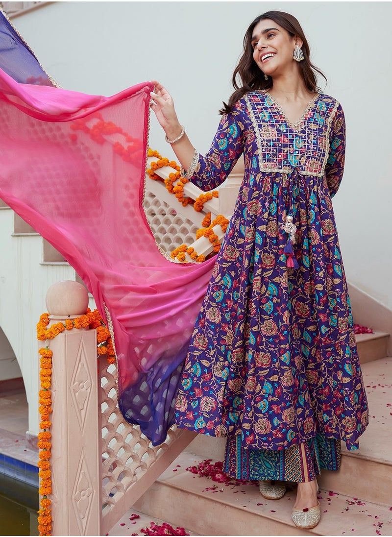 Purple Cotton Embellished Printed Kurti 3Pc Set