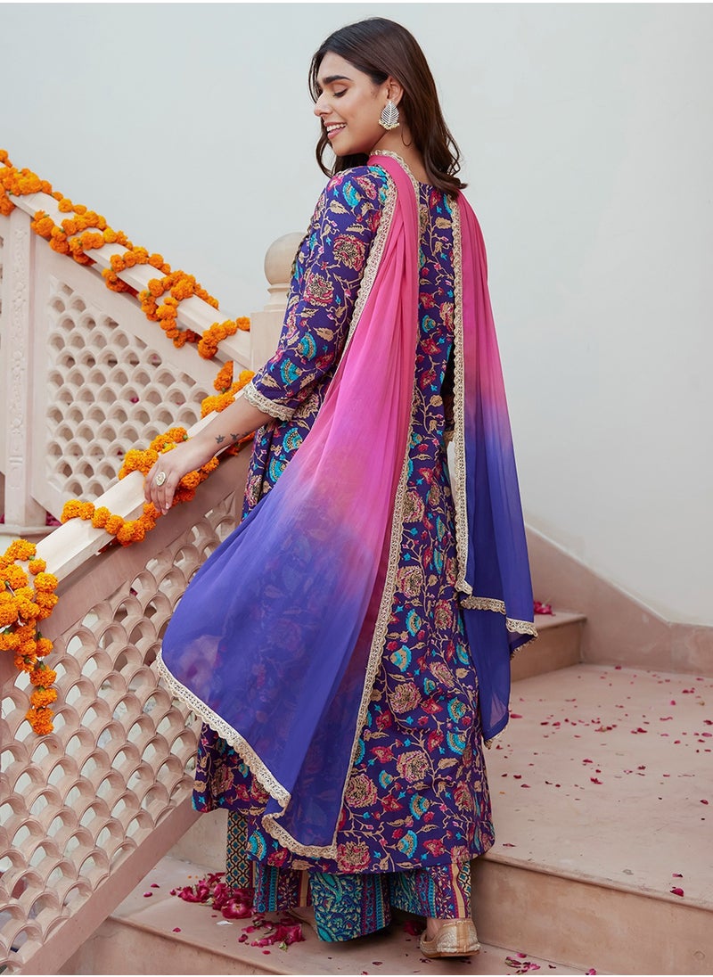 Purple Cotton Embellished Printed Kurti 3Pc Set