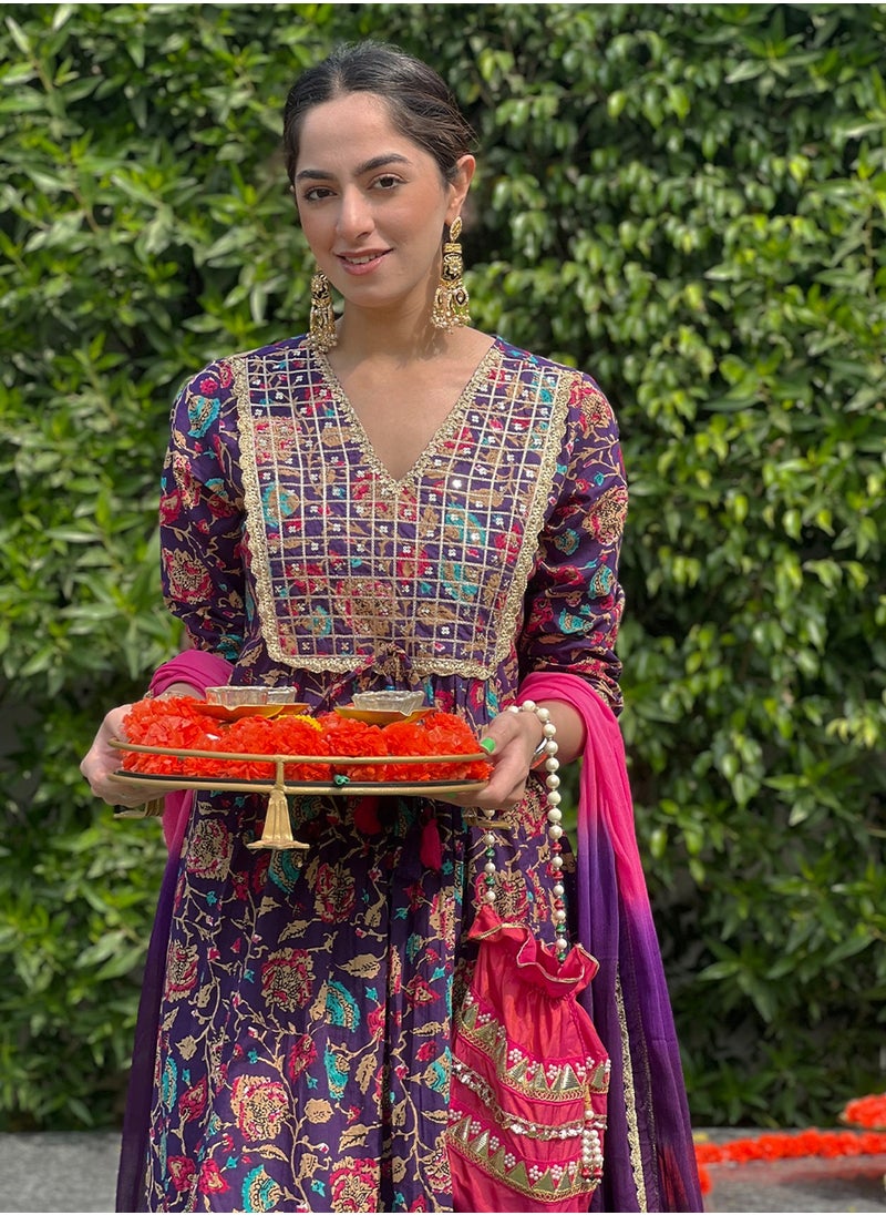Purple Cotton Embellished Printed Kurti 3Pc Set