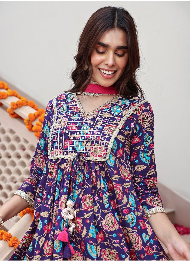 Purple Cotton Embellished Printed Kurti 3Pc Set