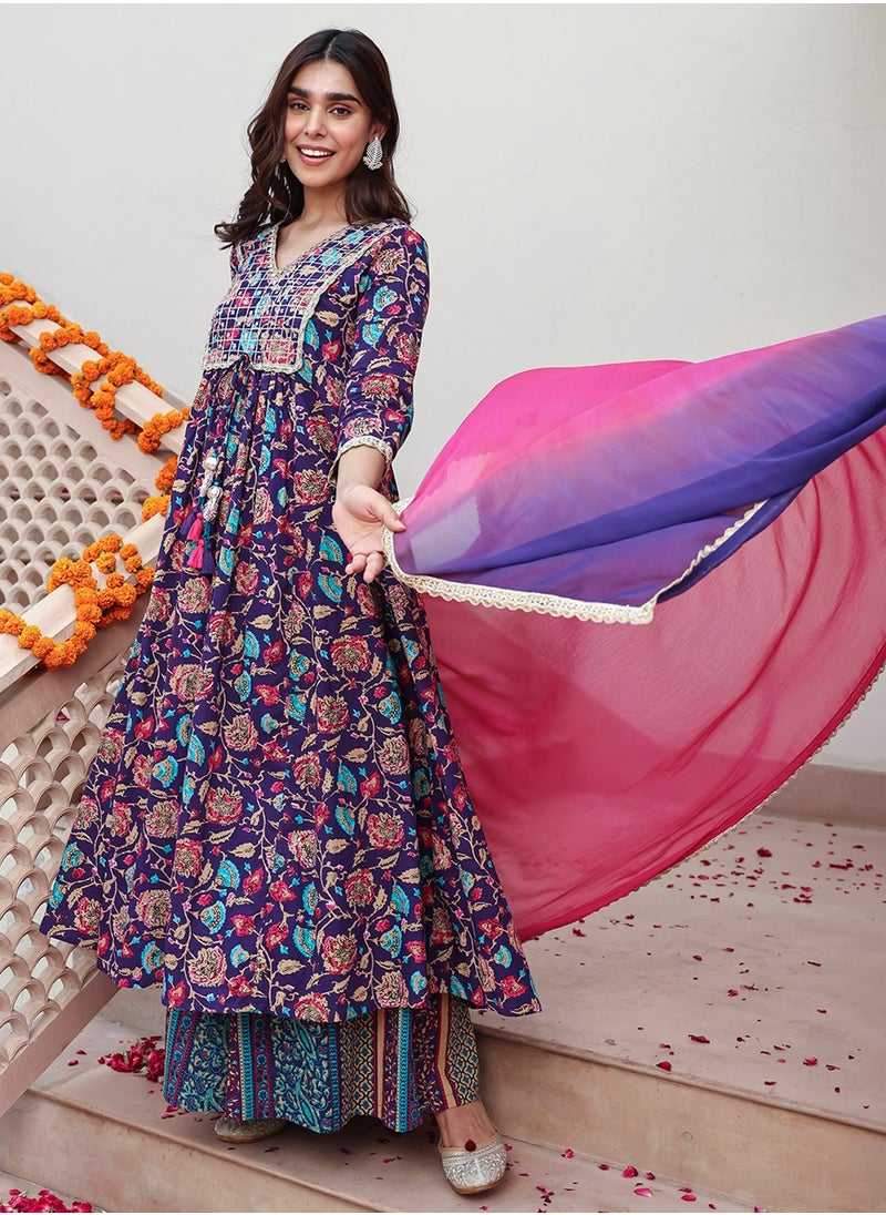 Purple Cotton Embellished Printed Kurti 3Pc Set