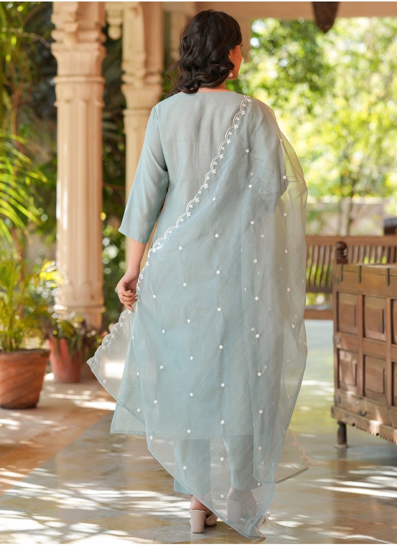 Light Blue Chinnon Embroidred Kurta 3Pc Set