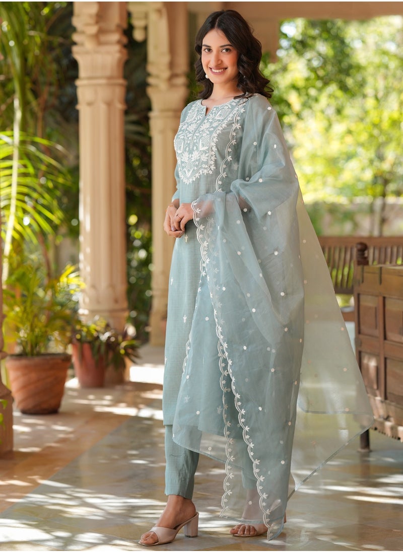 Light Blue Chinnon Embroidred Kurta 3Pc Set
