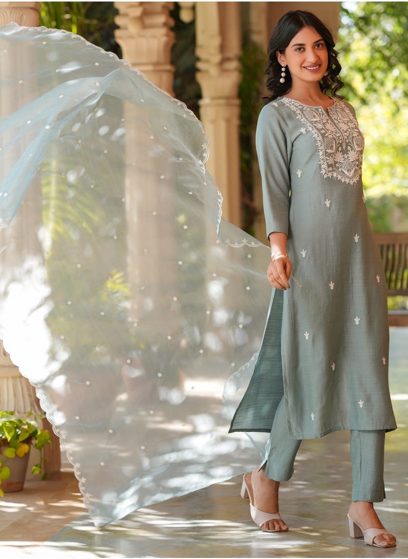 Light Blue Chinnon Embroidred Kurta 3Pc Set