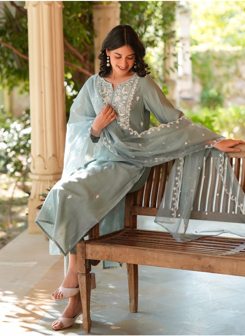 Light Blue Chinnon Embroidred Kurta 3Pc Set