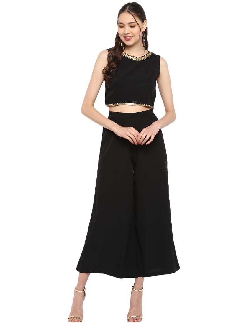 Black Crepe Gold Printed Crop Top 3Pc Set