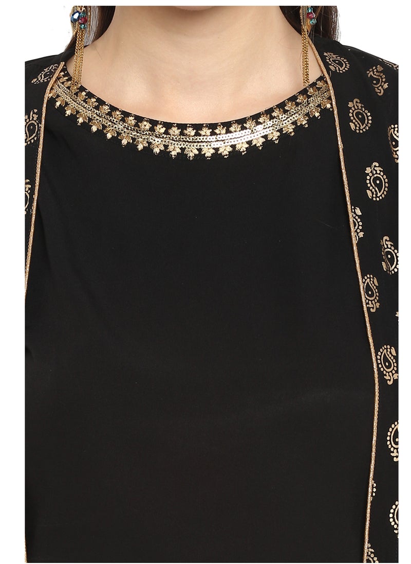 Black Crepe Gold Printed Crop Top 3Pc Set