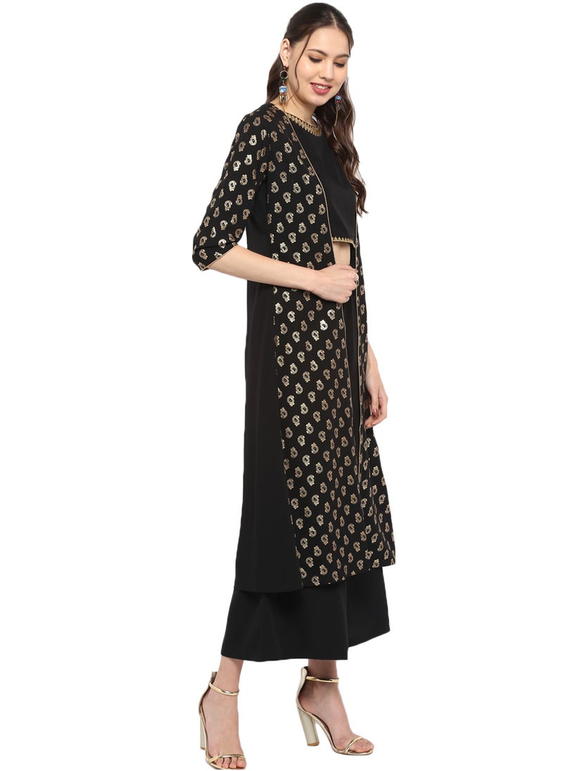 Black Crepe Gold Printed Crop Top 3Pc Set
