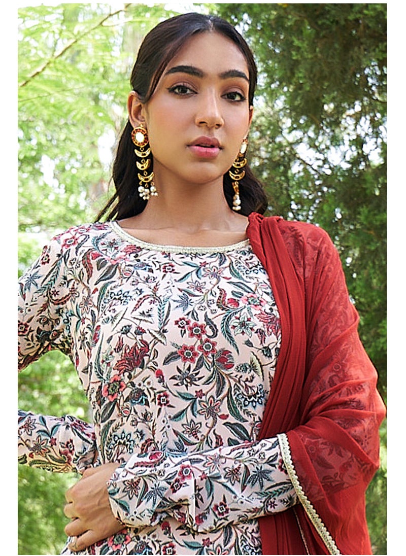 Beige Georgette Digital Printed Straight Kurta 3Pc Set