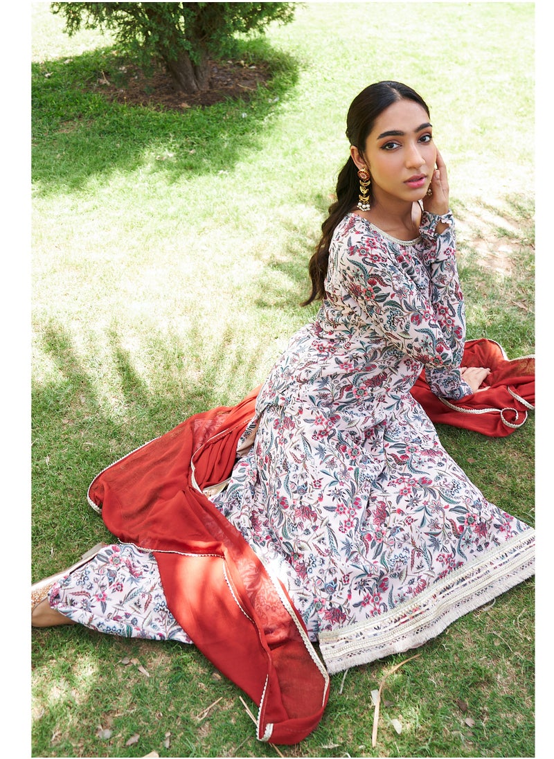 Beige Georgette Digital Printed Straight Kurta 3Pc Set