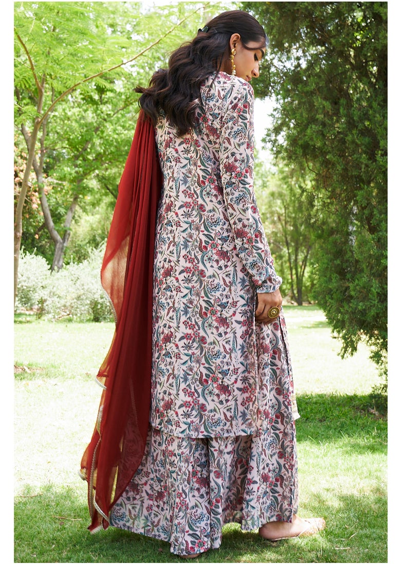 Beige Georgette Digital Printed Straight Kurta 3Pc Set