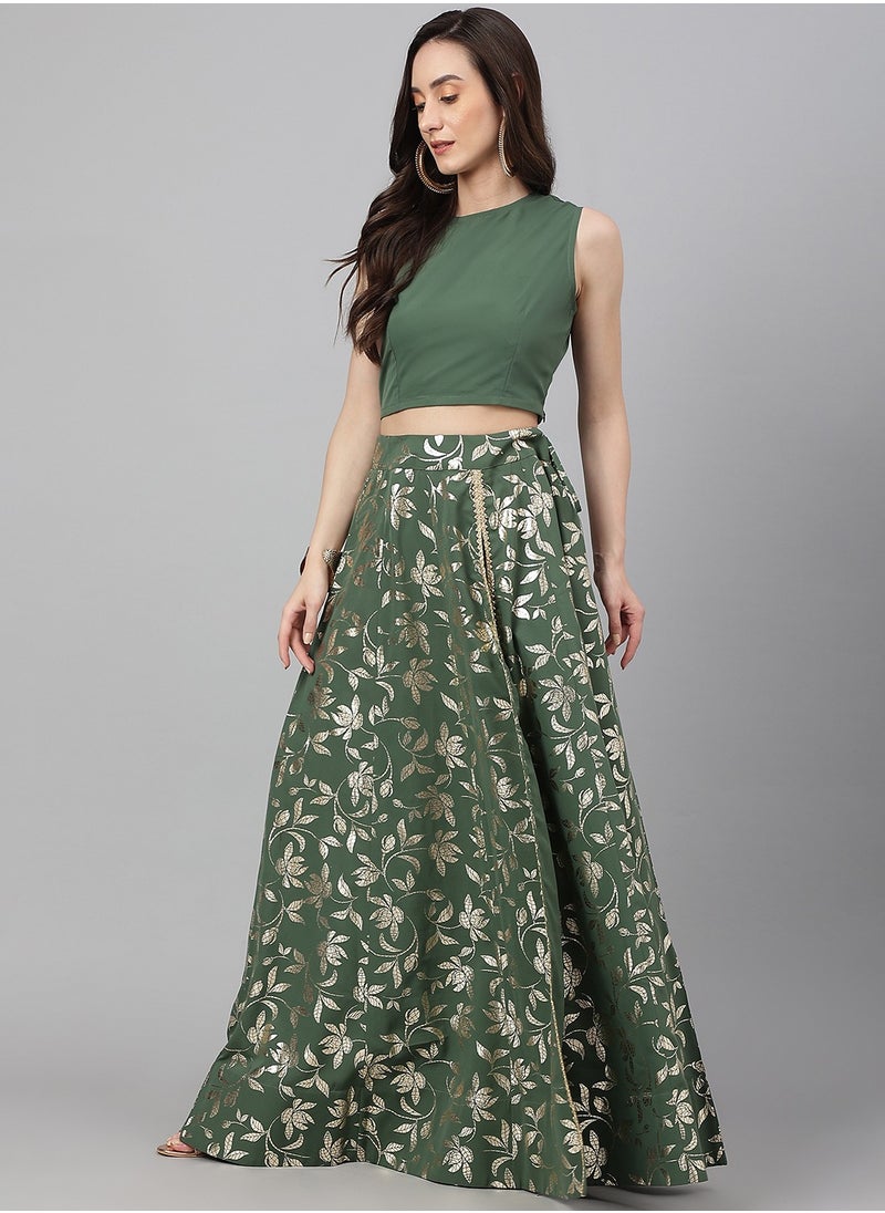 Olive Green Crepe Solid Lehanga Choli Set