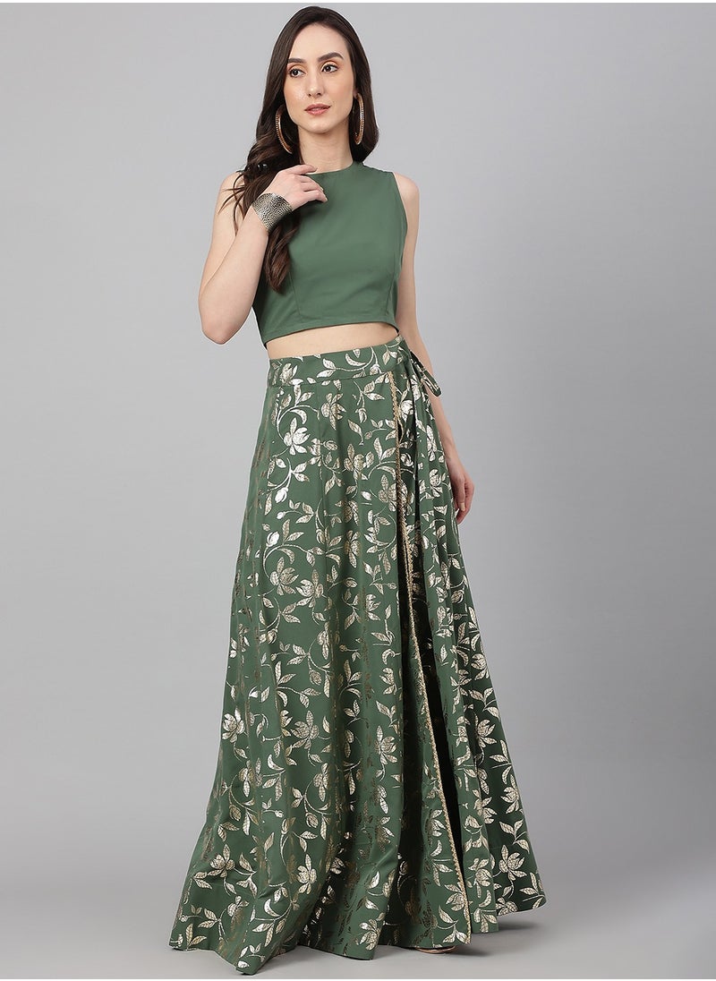 Olive Green Crepe Solid Lehanga Choli Set