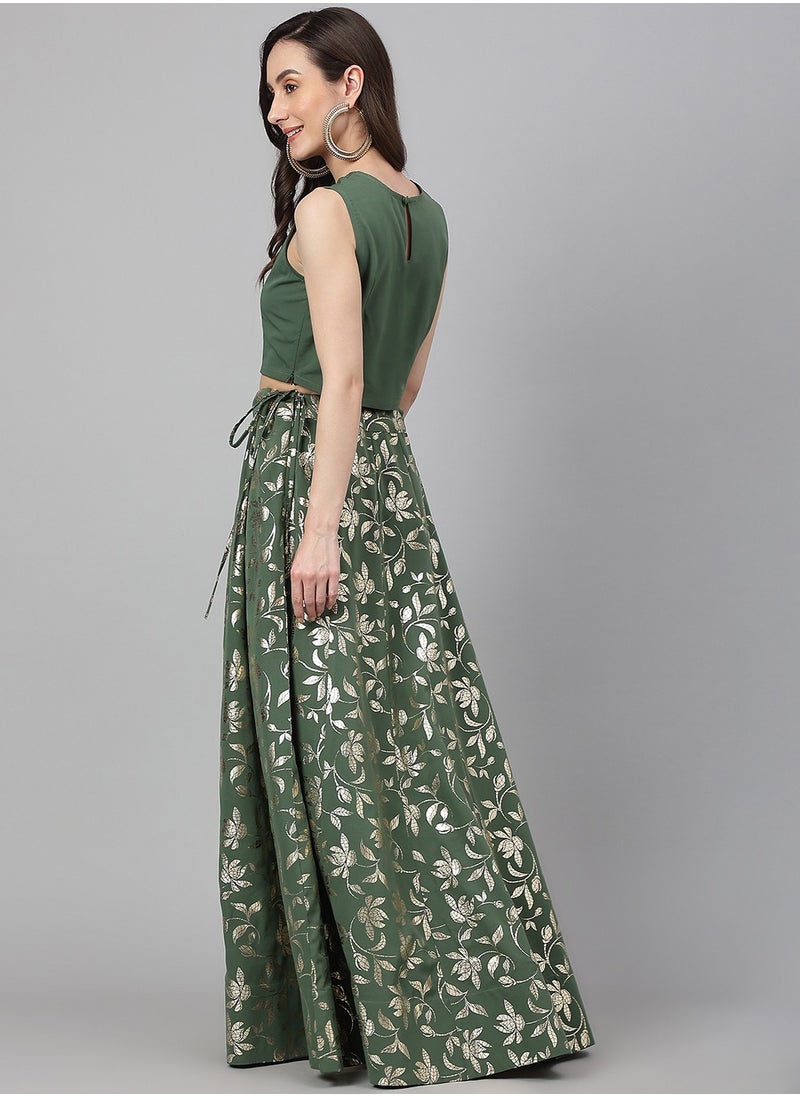 Olive Green Crepe Solid Lehanga Choli Set