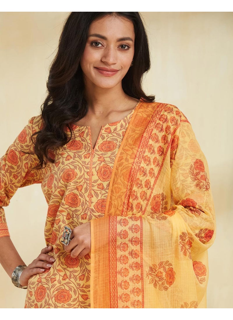 Yellow Cotton Printed Dupatta & Kurta Set