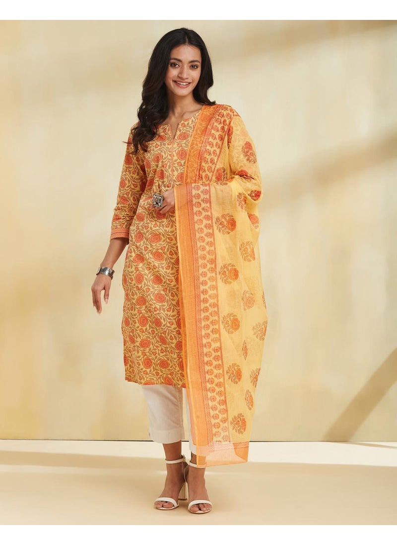 Yellow Cotton Printed Dupatta & Kurta Set
