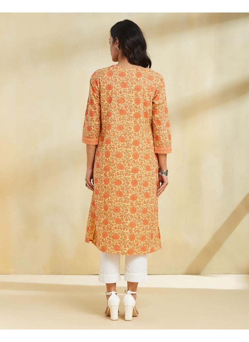 Yellow Cotton Printed Dupatta & Kurta Set