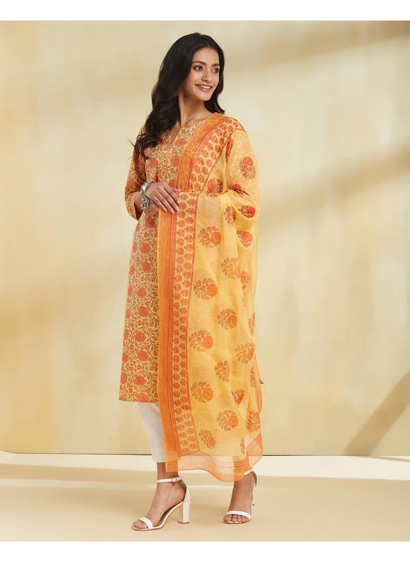 Yellow Cotton Printed Dupatta & Kurta Set