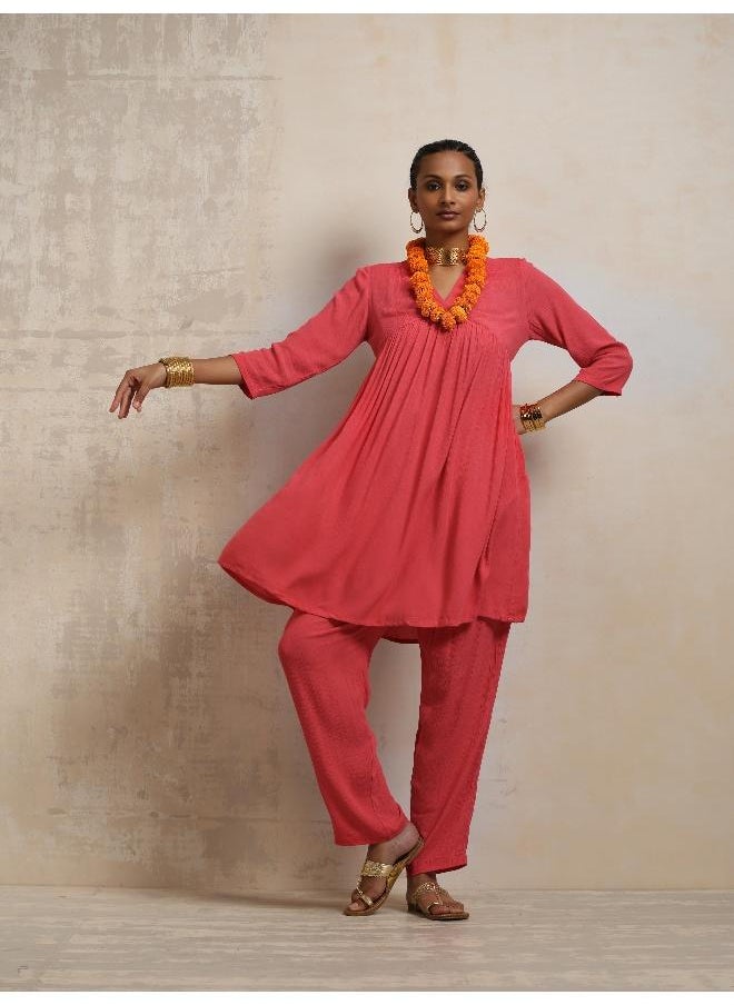 Peach Crinkle Flared Kurta Co-ord Set