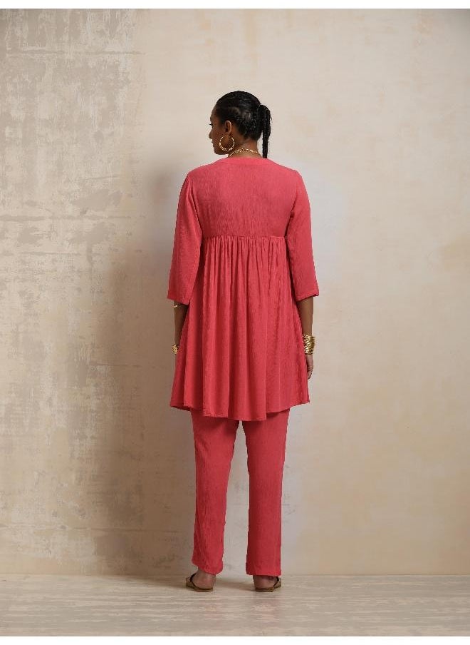 Peach Crinkle Flared Kurta Co-ord Set