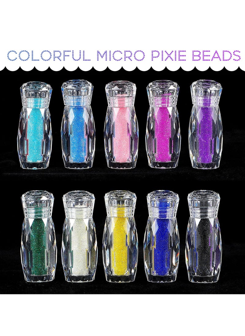 10 Bottles Caviar Beads for Nails Micro Nail Pixie Crystals Colorful Micro Caviar Strass Glass Nail Beads Multicolor Nail 3D Decorations Micro Nail Caviar Pixie Crystals for Nails DIY