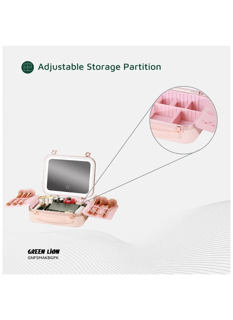 Fest Cosmetic Bag Organizer with Lighted Mirror & Adjustable Storage Partition / Cool, Natural & Warm Light Modes / Travel-Friendly / Water Resistant / Carry Handle / PC + Aluminum Alloy Material - Pink