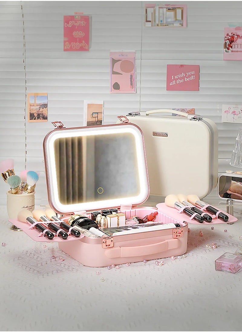 Fest Cosmetic Bag Organizer with Lighted Mirror & Adjustable Storage Partition / Cool, Natural & Warm Light Modes / Travel-Friendly / Water Resistant / Carry Handle / PC + Aluminum Alloy Material - Pink