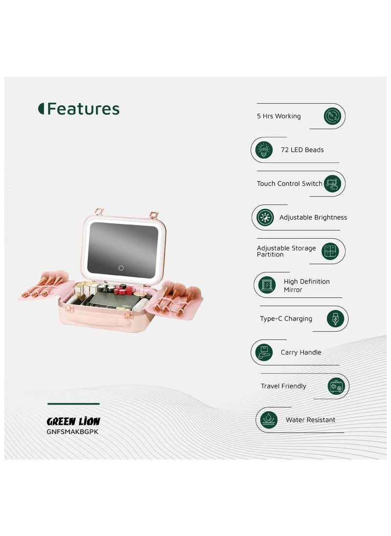 Fest Cosmetic Bag Organizer with Lighted Mirror & Adjustable Storage Partition / Cool, Natural & Warm Light Modes / Travel-Friendly / Water Resistant / Carry Handle / PC + Aluminum Alloy Material - Pink