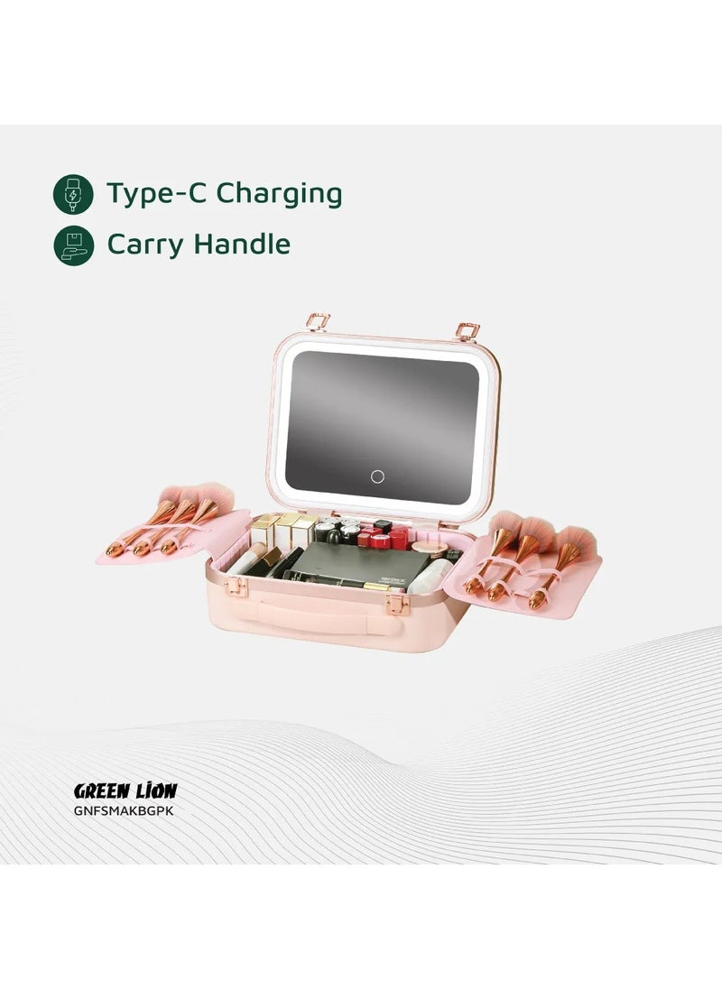 Fest Cosmetic Bag Organizer with Lighted Mirror & Adjustable Storage Partition / Cool, Natural & Warm Light Modes / Travel-Friendly / Water Resistant / Carry Handle / PC + Aluminum Alloy Material - Pink