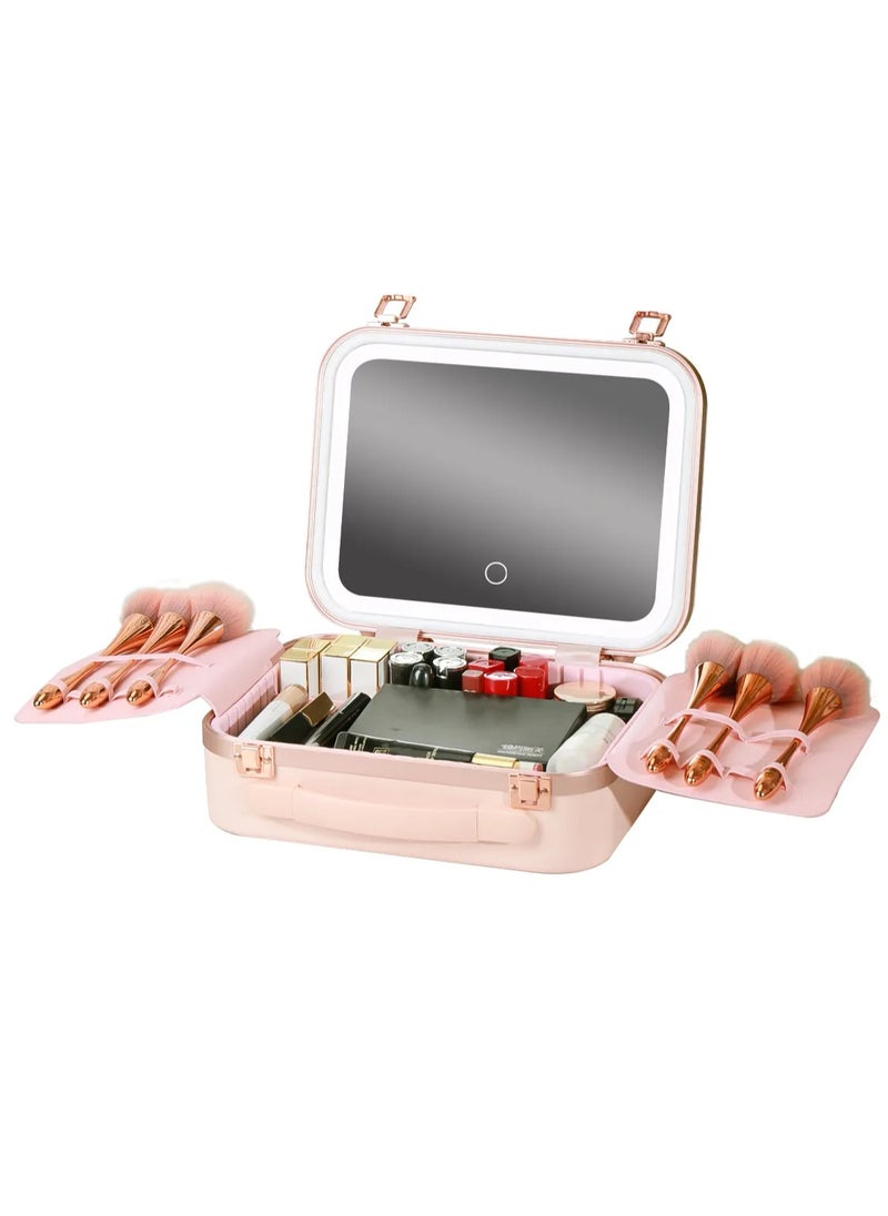 Fest Cosmetic Bag Organizer with Lighted Mirror & Adjustable Storage Partition / Cool, Natural & Warm Light Modes / Travel-Friendly / Water Resistant / Carry Handle / PC + Aluminum Alloy Material - Pink