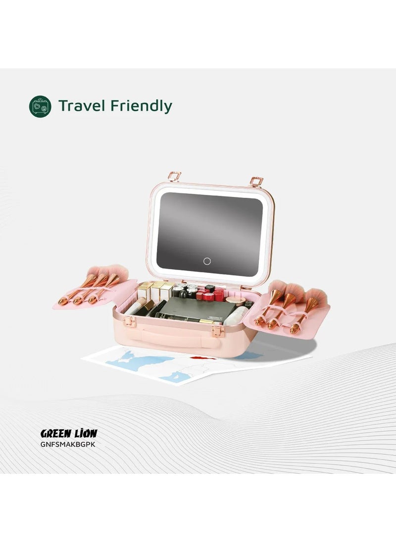 Fest Cosmetic Bag Organizer with Lighted Mirror & Adjustable Storage Partition / Cool, Natural & Warm Light Modes / Travel-Friendly / Water Resistant / Carry Handle / PC + Aluminum Alloy Material - Pink