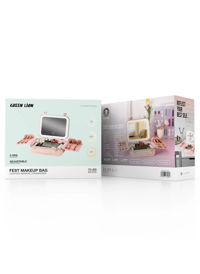 Fest Cosmetic Bag Organizer with Lighted Mirror & Adjustable Storage Partition / Cool, Natural & Warm Light Modes / Travel-Friendly / Water Resistant / Carry Handle / PC + Aluminum Alloy Material - Pink