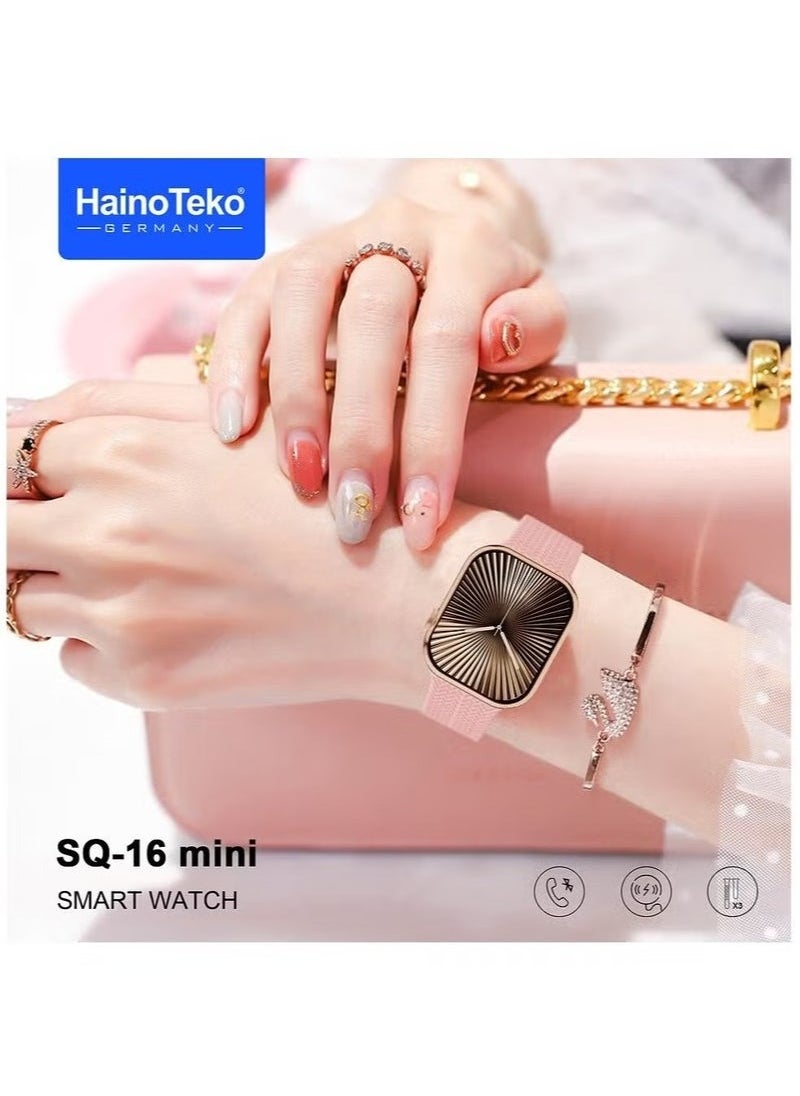 SQ-16 Mini Series 10 AMOLED Display Smart Watch with Stylish Bracelet, 3 Pairs of Straps, and Charging Cable – Designed for Ladies – Gold