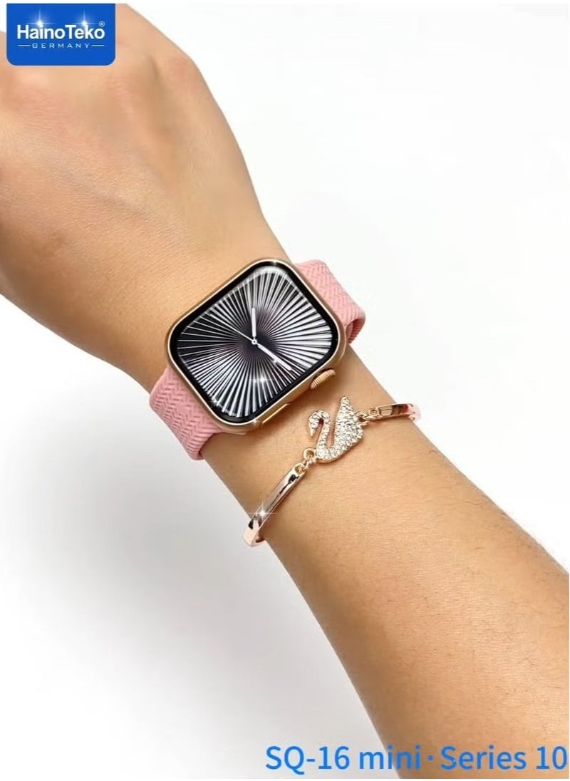 SQ-16 Mini Series 10 AMOLED Display Smart Watch with Stylish Bracelet, 3 Pairs of Straps, and Charging Cable – Designed for Ladies – Gold