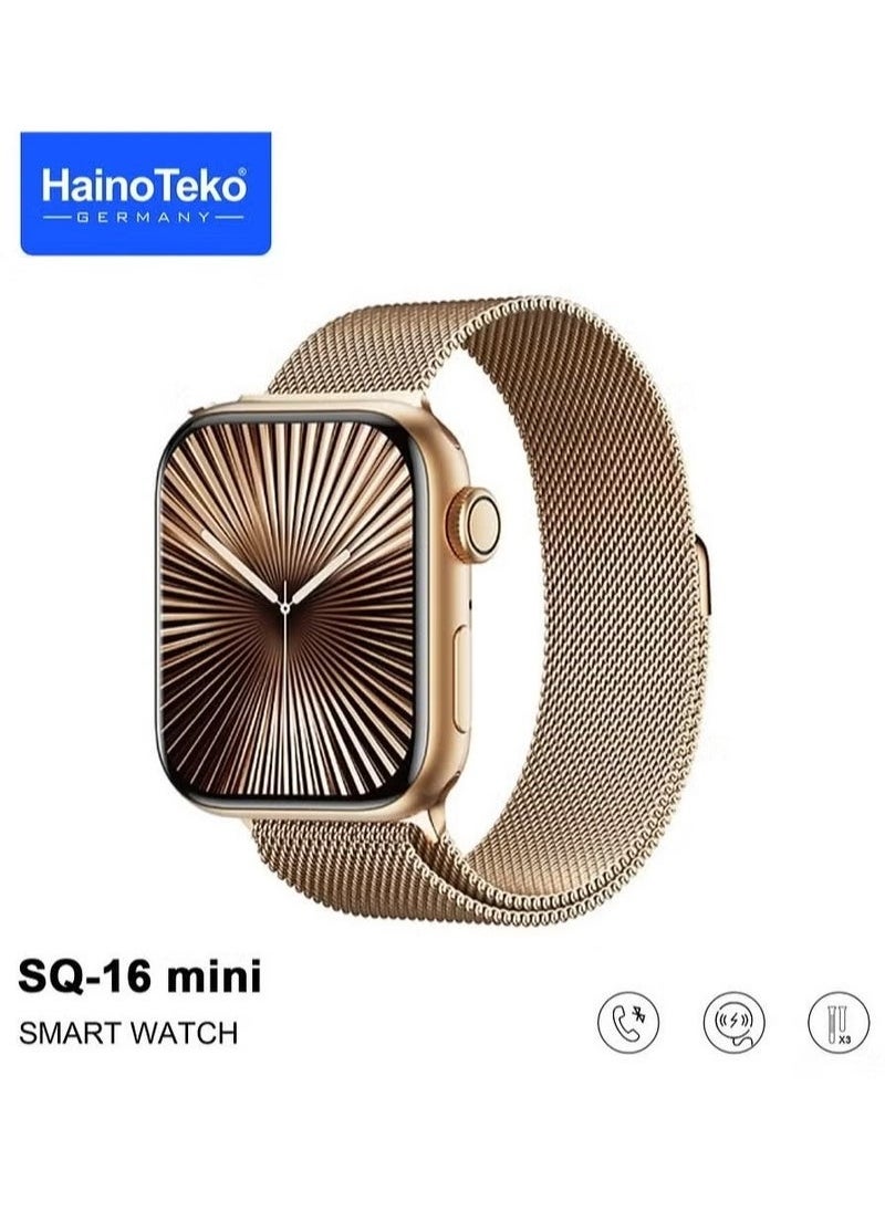 SQ-16 Mini Series 10 AMOLED Display Smart Watch with Stylish Bracelet, 3 Pairs of Straps, and Charging Cable – Designed for Ladies – Gold